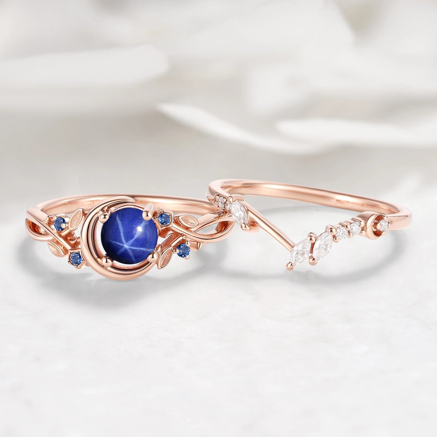 Moon Design Leaf Star Sapphire Moon Ring Engagement Ring with Wedding Band 2pcs