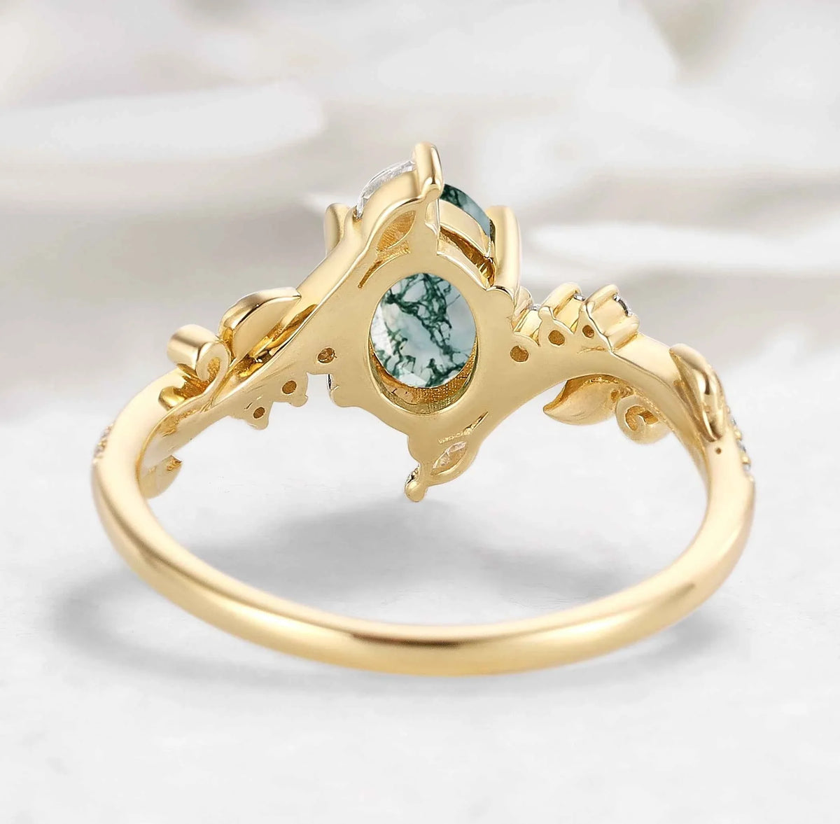 Nature-Inspired Leaf Oval Cut Moss Agate Engagement Ring - Thalina