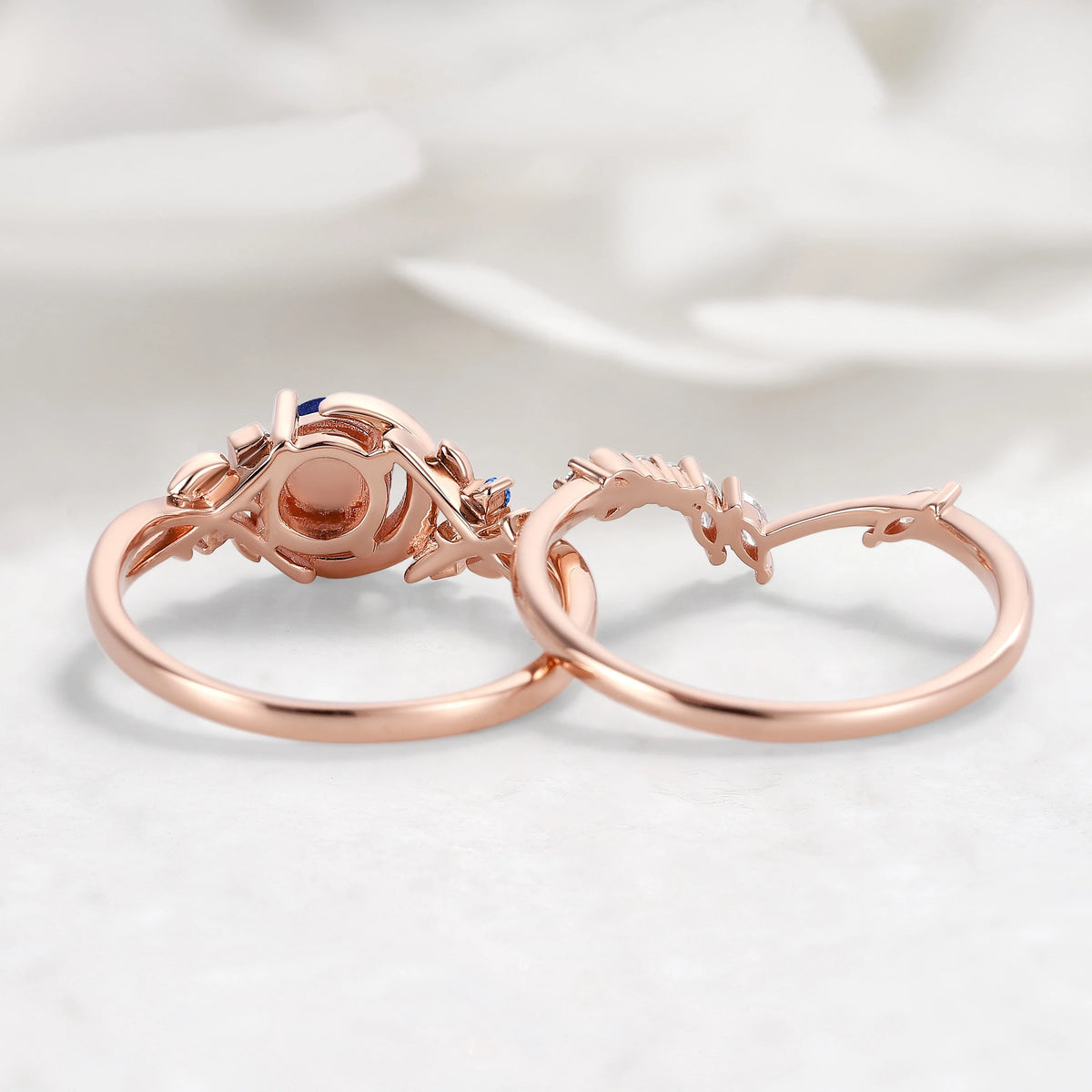 Moon Design Leaf Star Sapphire Moon Ring Engagement Ring with Wedding Band 2pcs