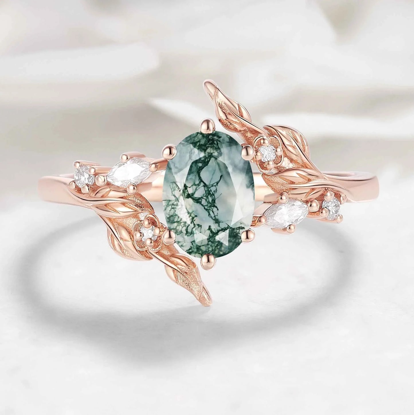 Nature-Inspired Leaf Custom Oval Cut Moss Agate Engagement Ring - Elaris