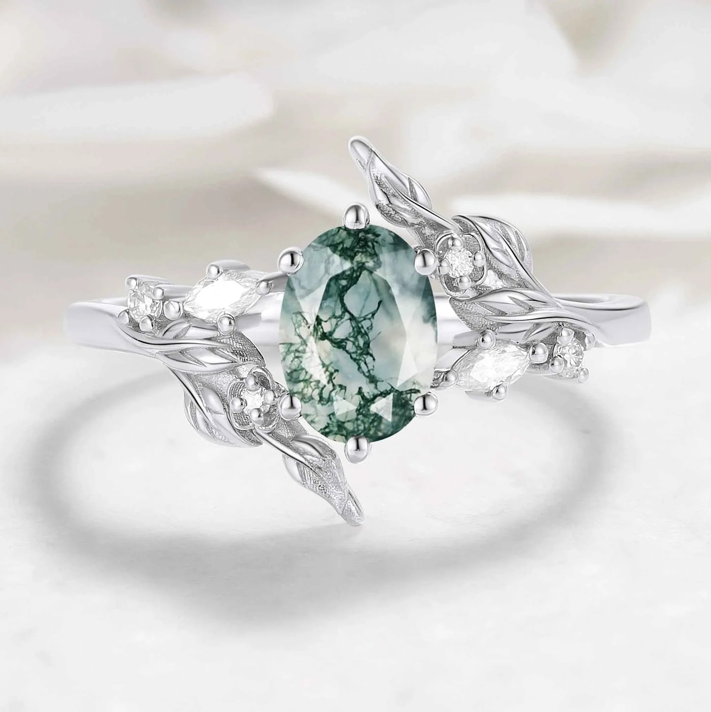 Nature-Inspired Leaf Custom Oval Cut Moss Agate Engagement Ring - Elaris