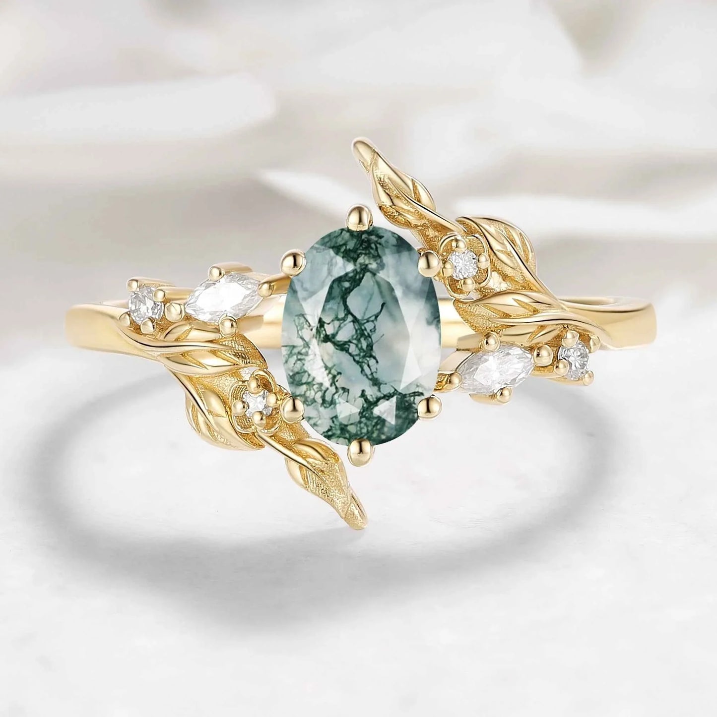 Nature-Inspired Leaf Custom Oval Cut Moss Agate Engagement Ring - Elaris