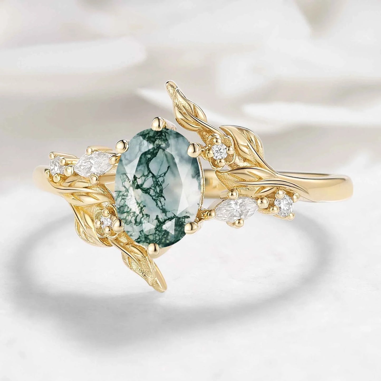 Nature-Inspired Leaf Custom Oval Cut Moss Agate Engagement Ring - Elaris