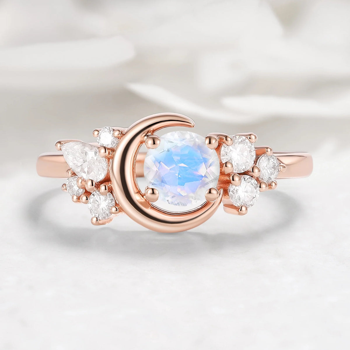 Moon Design Moonstone Round Cut Engagement Ring