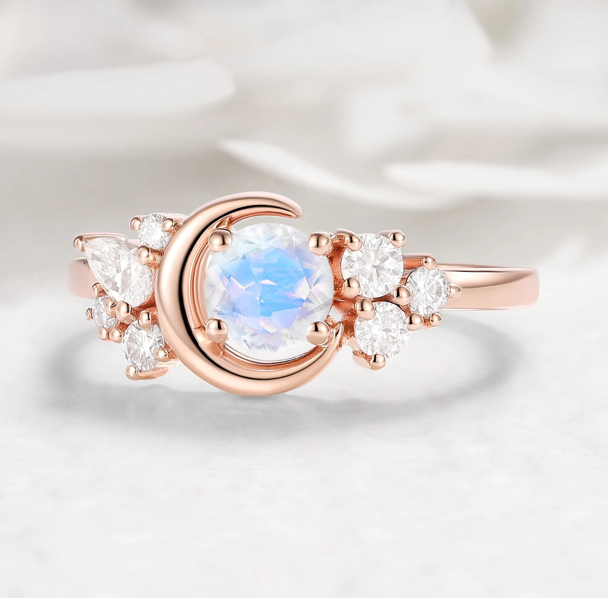 Moon Design Moonstone Round Cut Engagement Ring