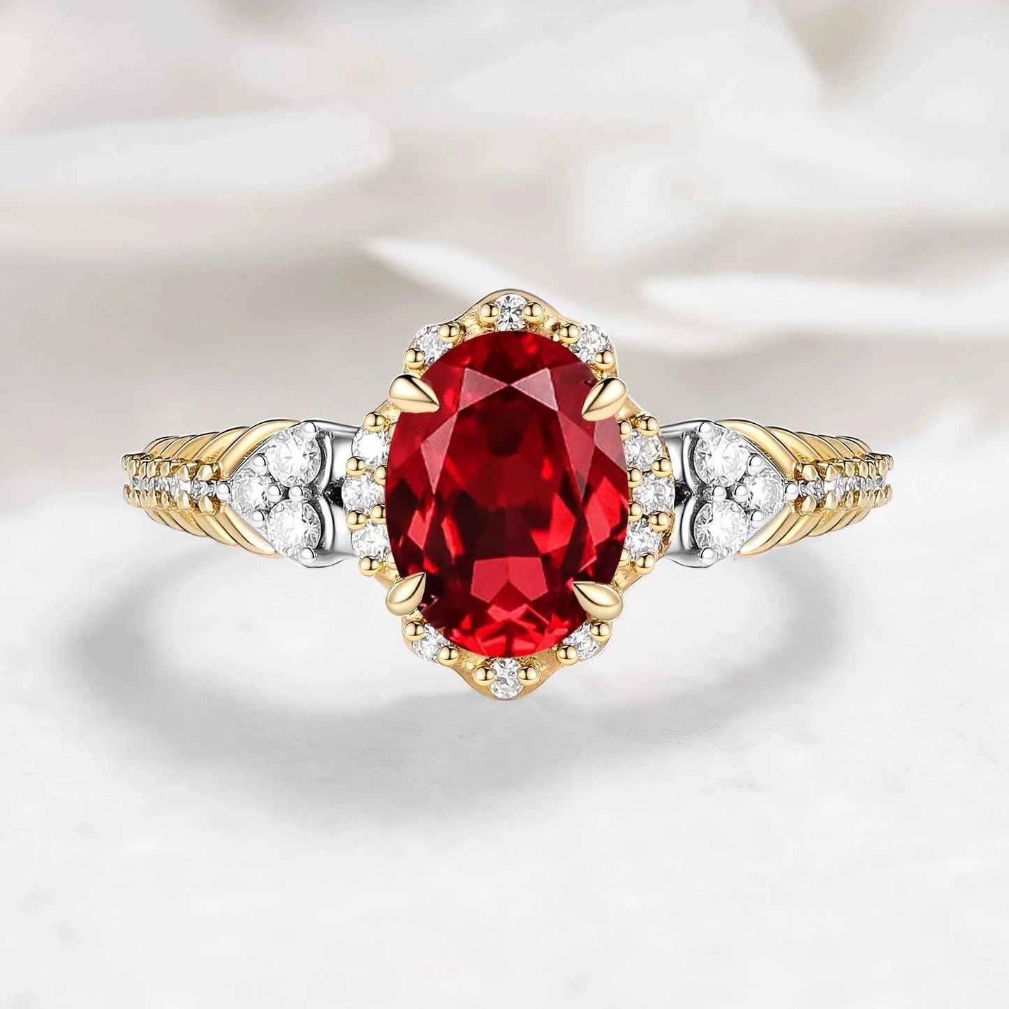 Vintage Two-Tone Oval Cut Ruby Engagement Ring - Beatrice