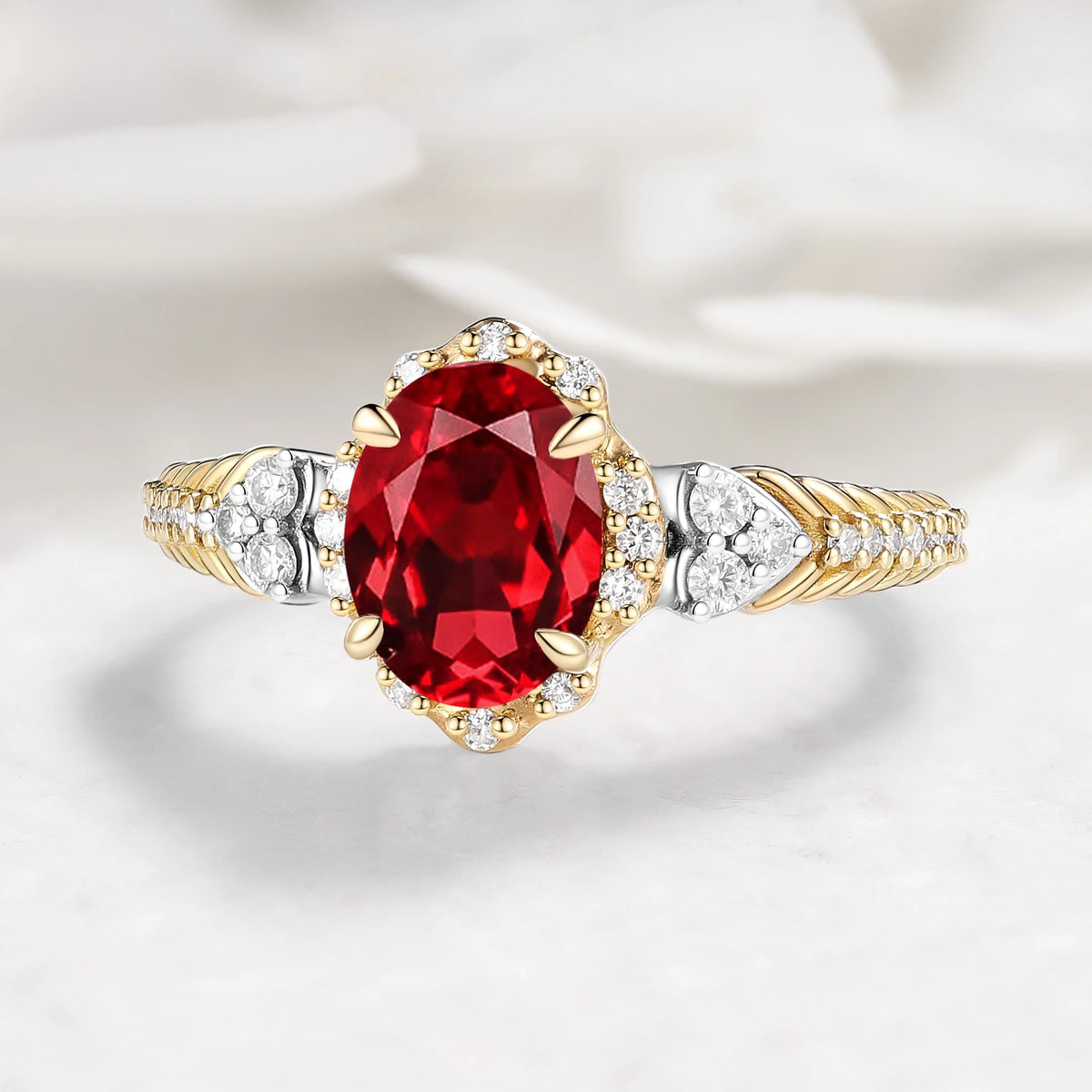 Vintage Two-Tone Oval Cut Ruby Engagement Ring - Beatrice