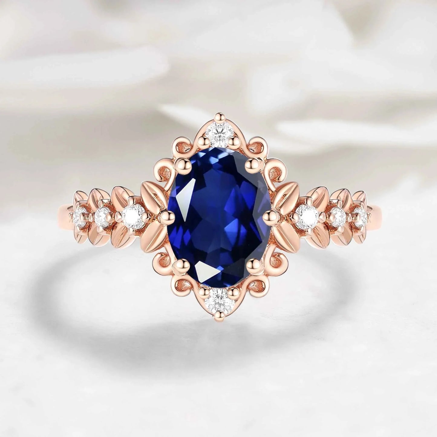 Vintage Leaf Oval Royal Blue Sapphire Engagement Ring - Isolde