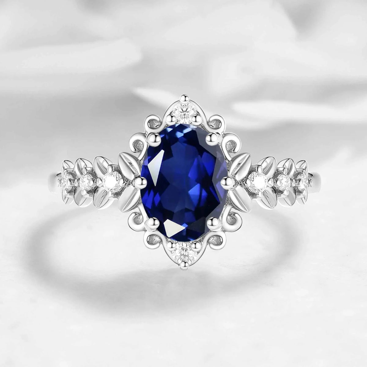 Vintage Leaf Oval Royal Blue Sapphire Engagement Ring - Isolde