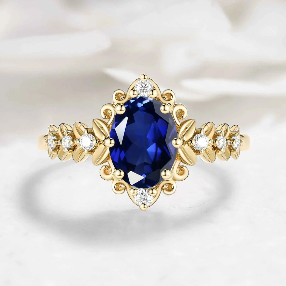 Vintage Leaf Oval Royal Blue Sapphire Engagement Ring - Isolde