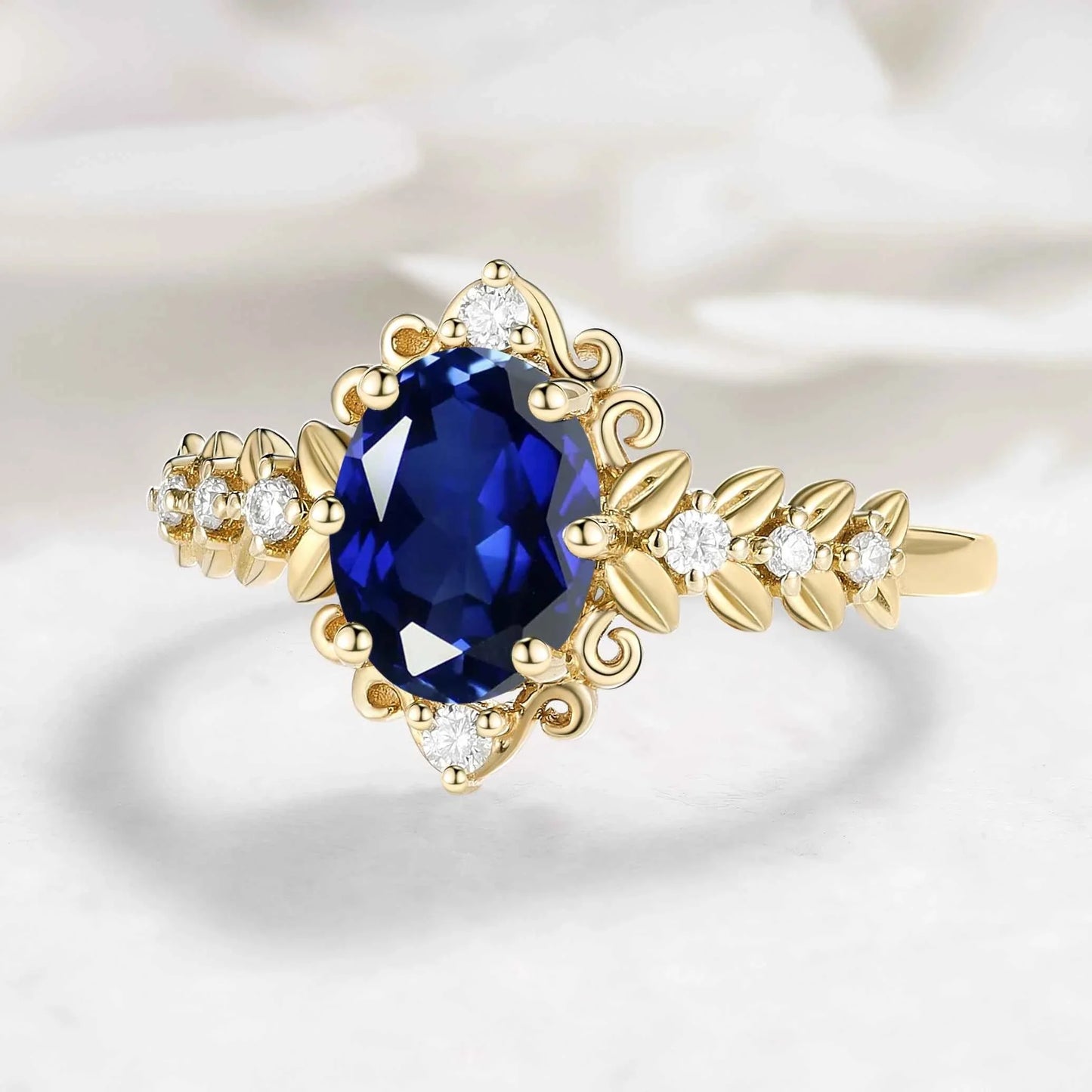 Vintage Leaf Oval Royal Blue Sapphire Engagement Ring - Isolde
