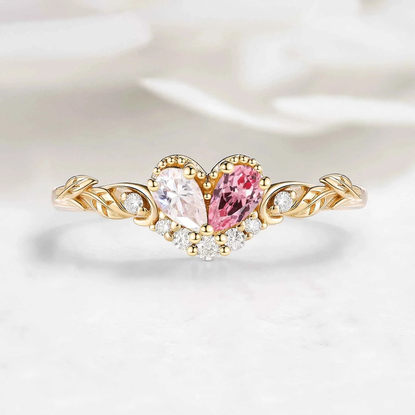 Blush Unity Heart Ring – Pear Cut Moissanite & Pink Sapphire Leaf Inspired Custom Love Ring