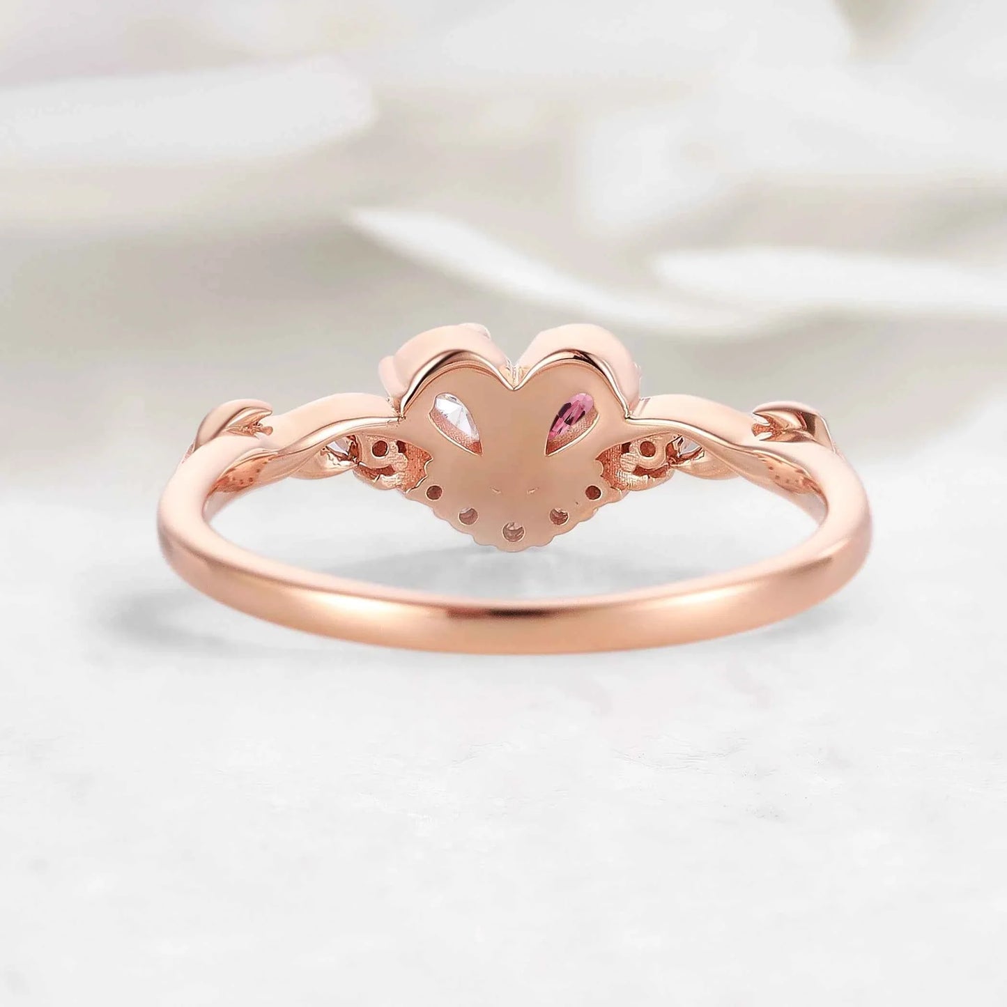 Blush Unity Heart Ring – Pear Cut Moissanite & Pink Sapphire Leaf Inspired Custom Love Ring