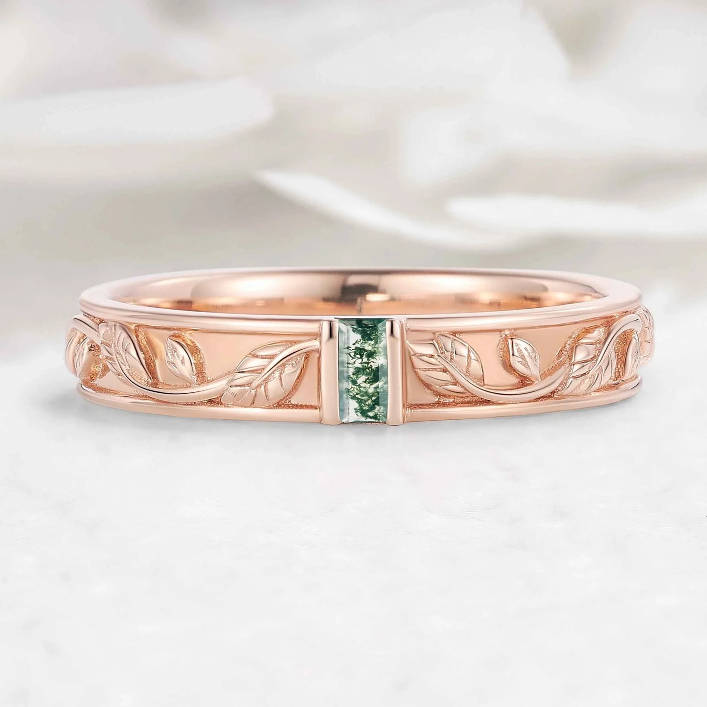 Nature-Inspired Leaf Moss Agate Men’s Wedding Band - Cedar