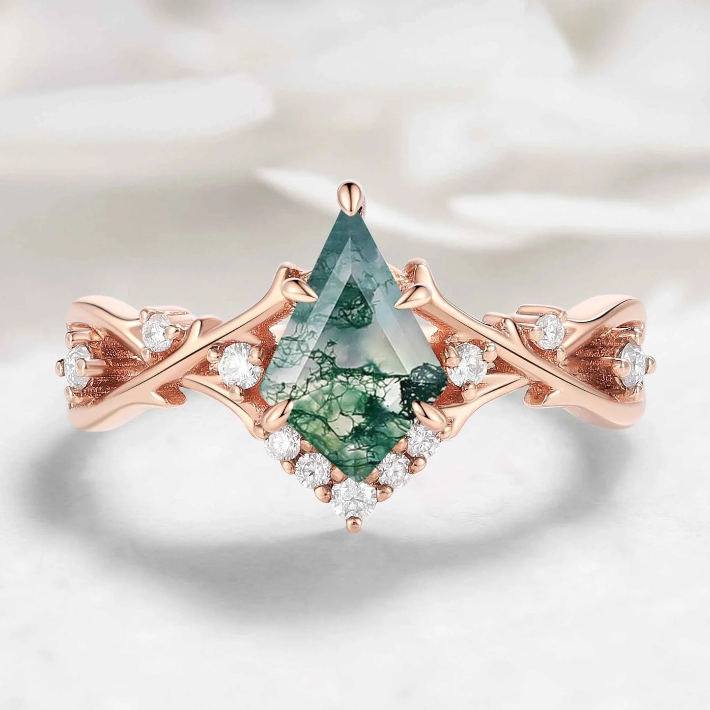 Nature-inspired Branch Kite Cut Moss Agate Engagement Ring