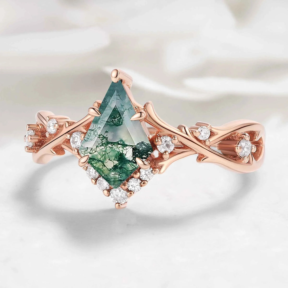 Nature-inspired Branch Kite Cut Moss Agate Engagement Ring