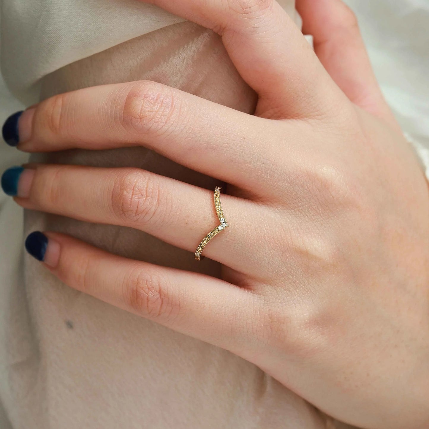 Romantic Nature Inspired Moissanite V Wedding Band