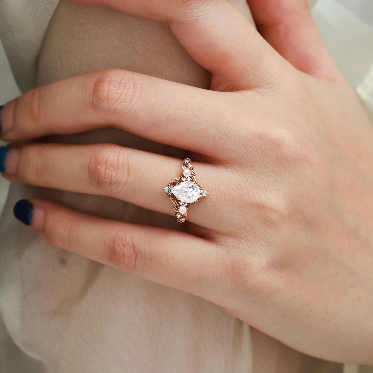 Nature Inspired Leaf Pear Cut Moissanite Engagement Ring With Pearl