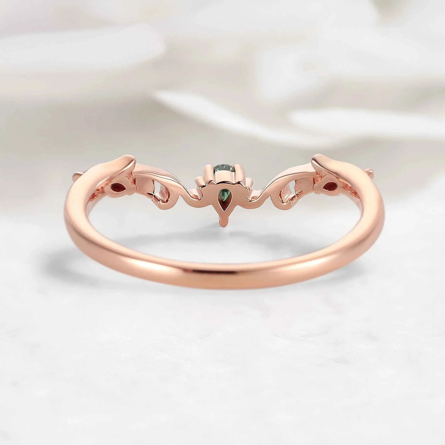Nature Inspired V-Shaped Natural Green Sapphire Leaf & Vine Wedding Band - Elena