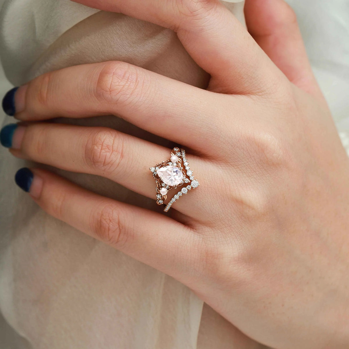 Nature Inspired Leaf Pear Cut Moissanite Engagement Ring With Pearl & Chevron Wedding Band Set Bridal Set