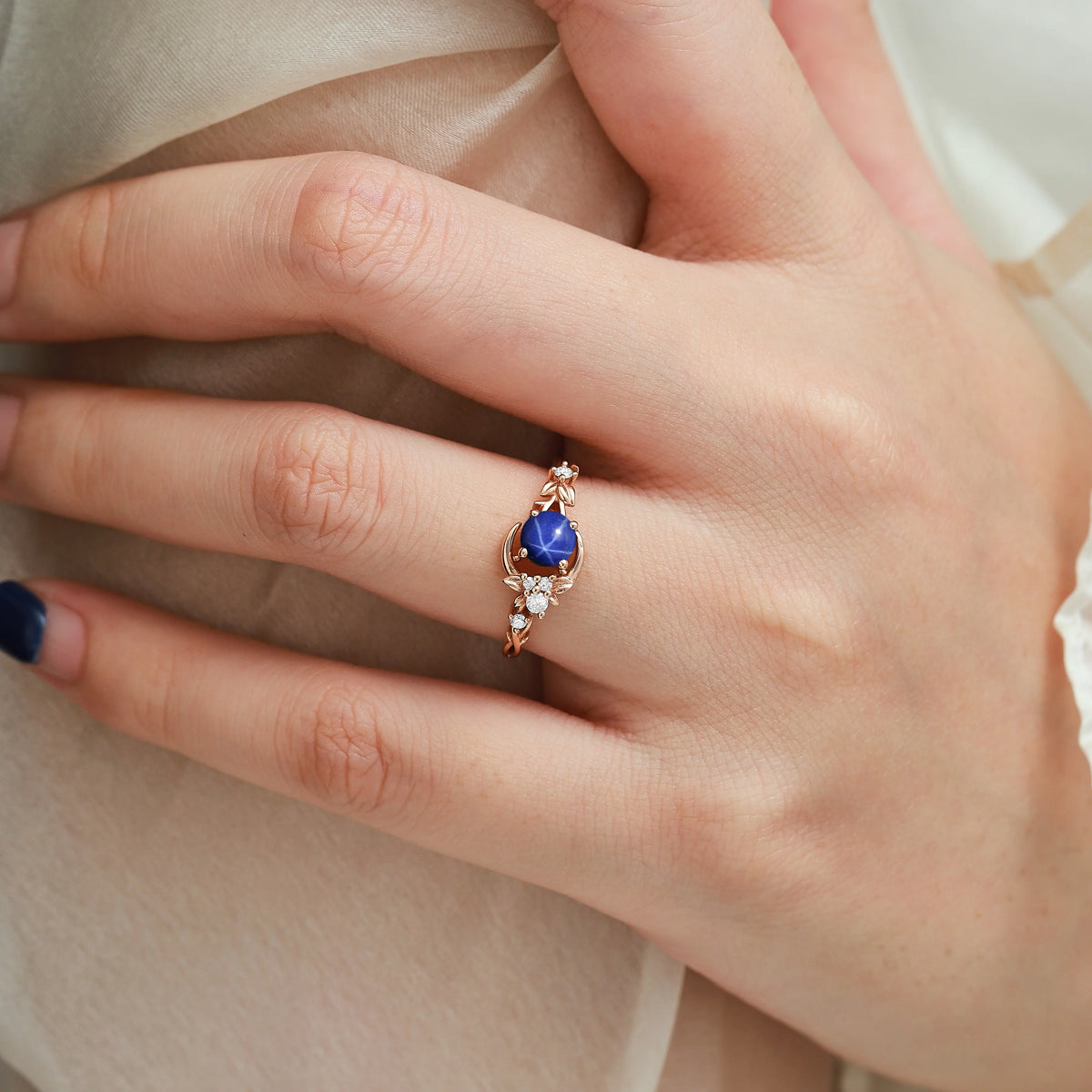Nature Inspired Crescent Moon Round Star Sapphire Leaf Engagement Ring - Lunelle