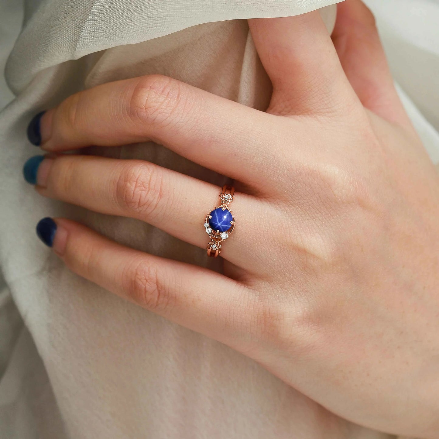 Moon & Floral Round Star Sapphire Engagement Ring - Seluna