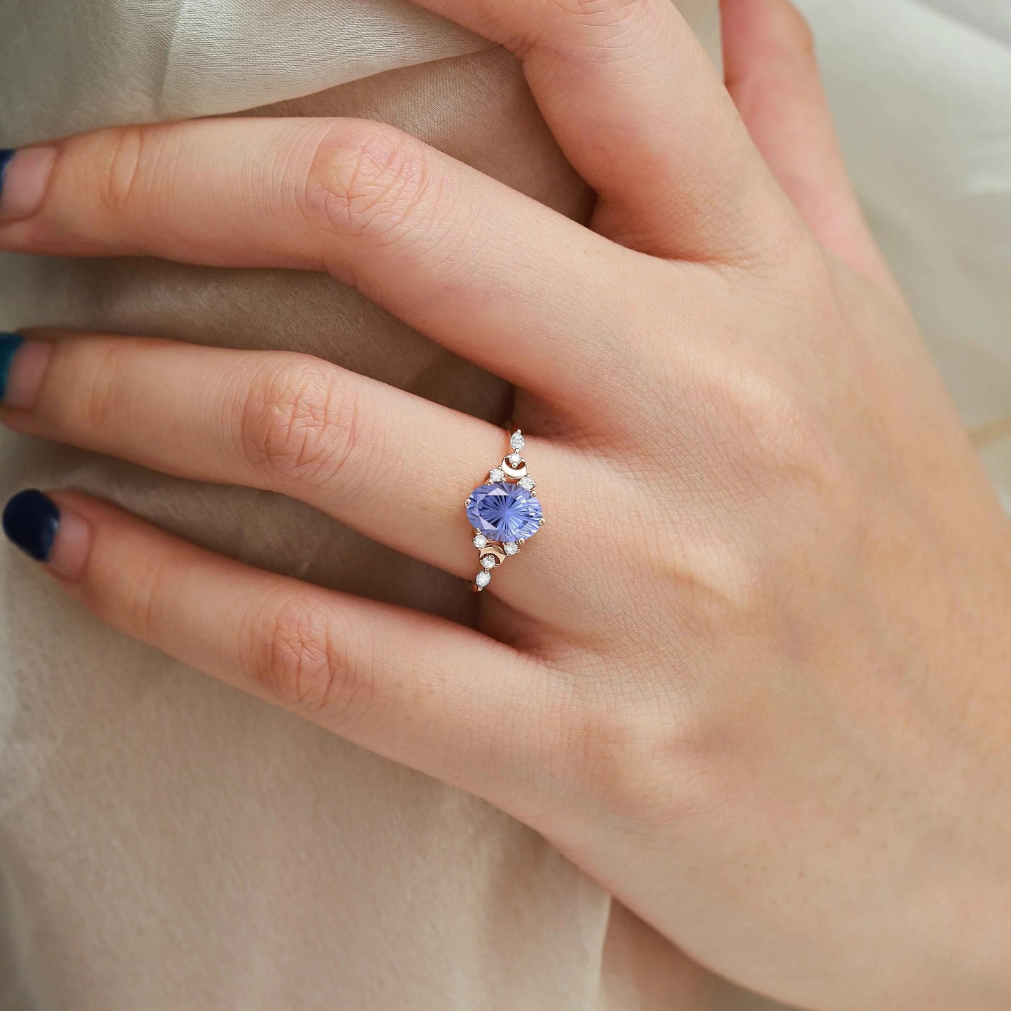 Moon Inspired Firework Cut Cornflower Sapphire Engagement Ring