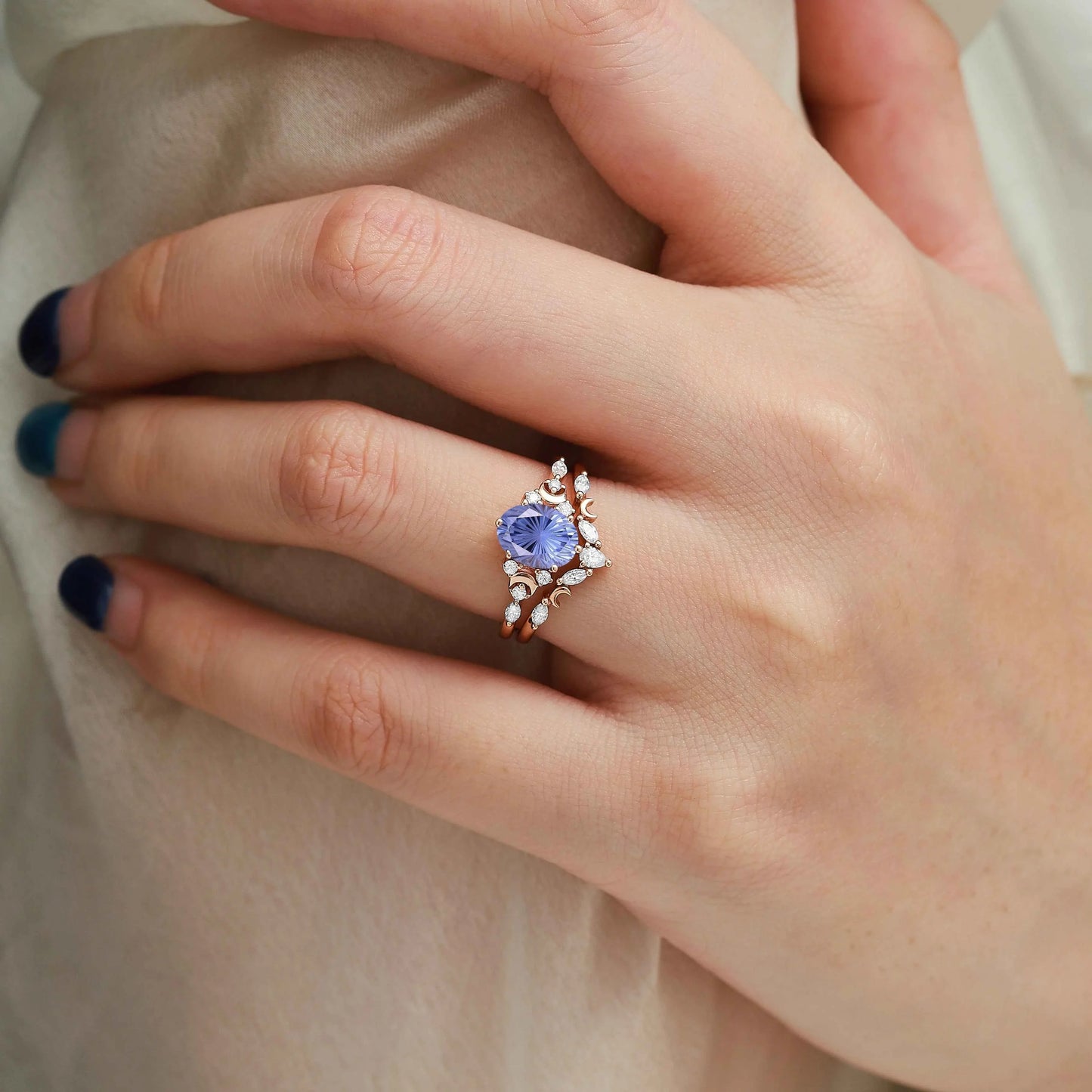 Moon Inspired Firework Cut Cornflower Sapphire Engagement Ring with V-Shaped Moissanite Wedding Band
