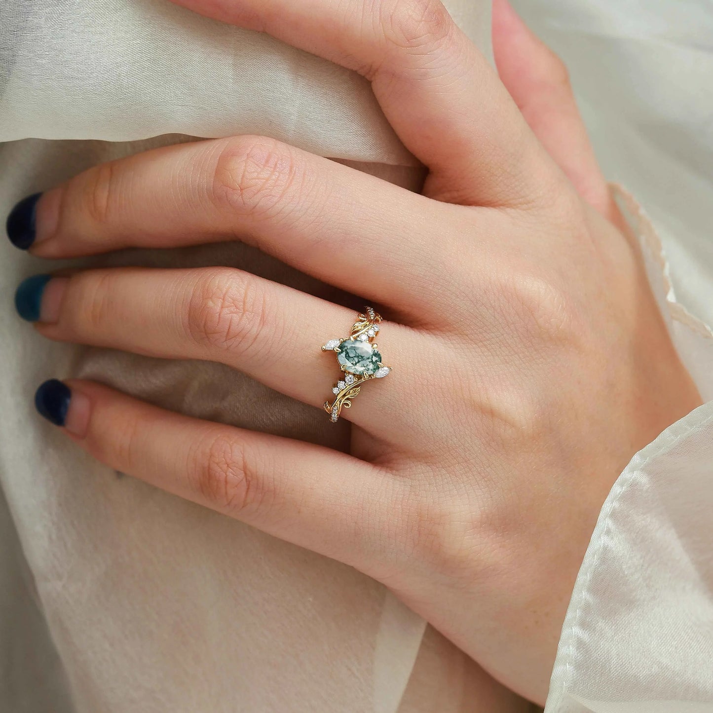 Nature-Inspired Leaf Oval Cut Moss Agate Engagement Ring - Thalina