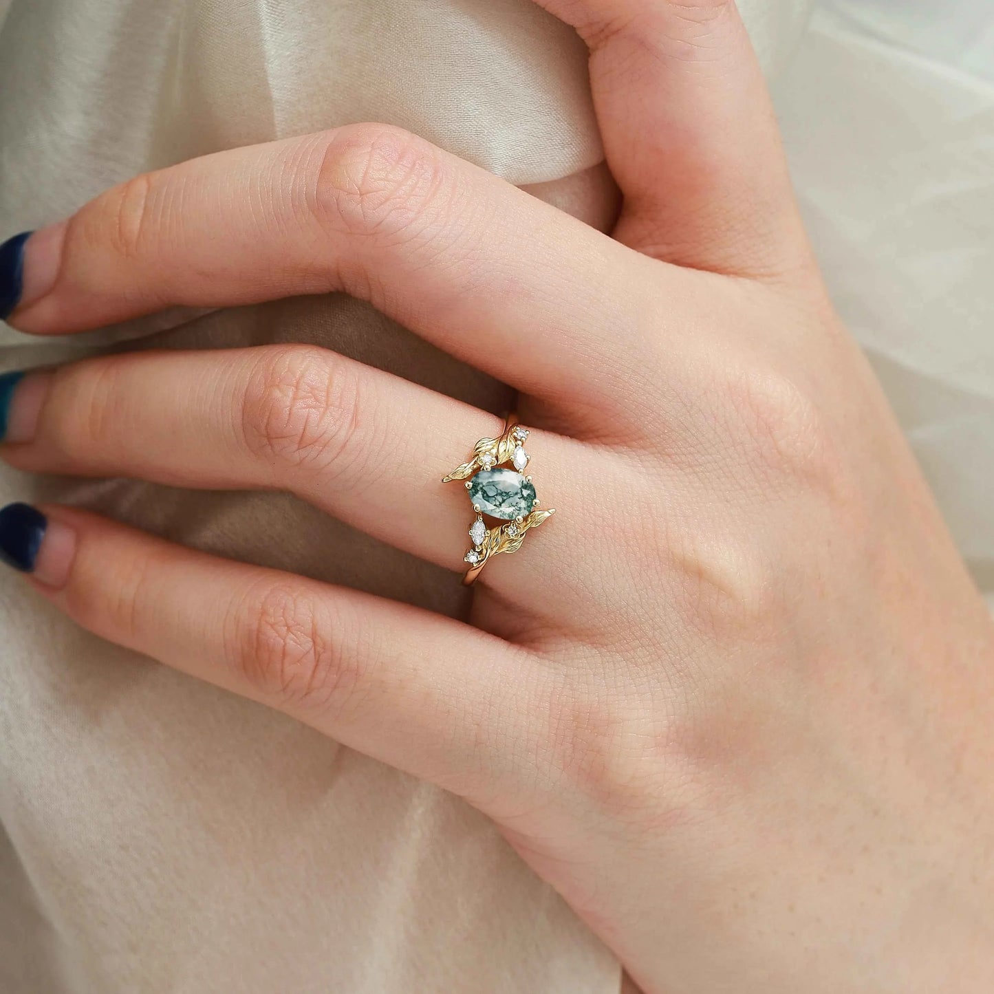 Nature-Inspired Leaf Custom Oval Cut Moss Agate Engagement Ring - Elaris