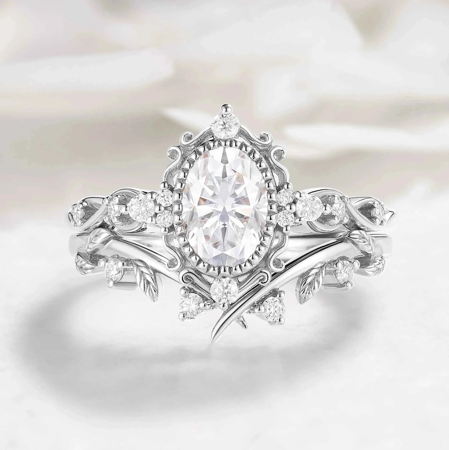Signature Vintage Oval Shaped Moissanite Engagement Ring With Leaf Wedding Band