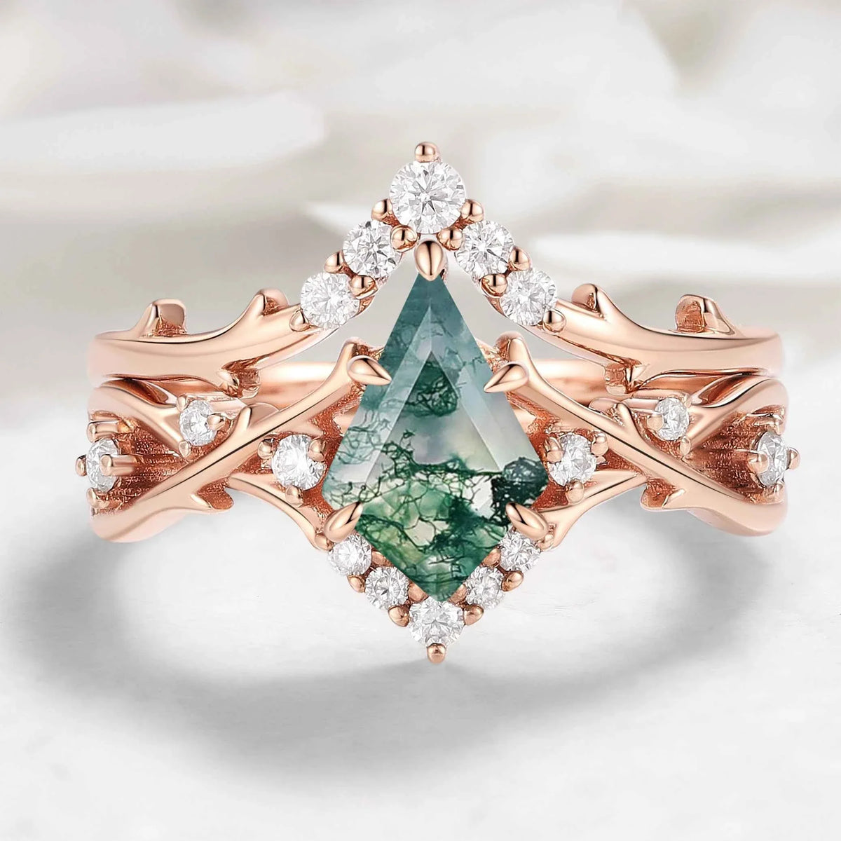 Nature-inspired Branch Kite Cut Moss Agate Engagement Ring Set
