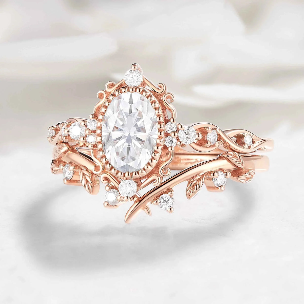 Signature Vintage Oval Shaped Moissanite Engagement Ring With Leaf Wedding Band