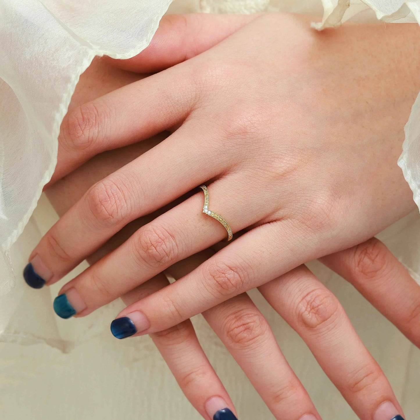 Romantic Nature Inspired Moissanite V Wedding Band