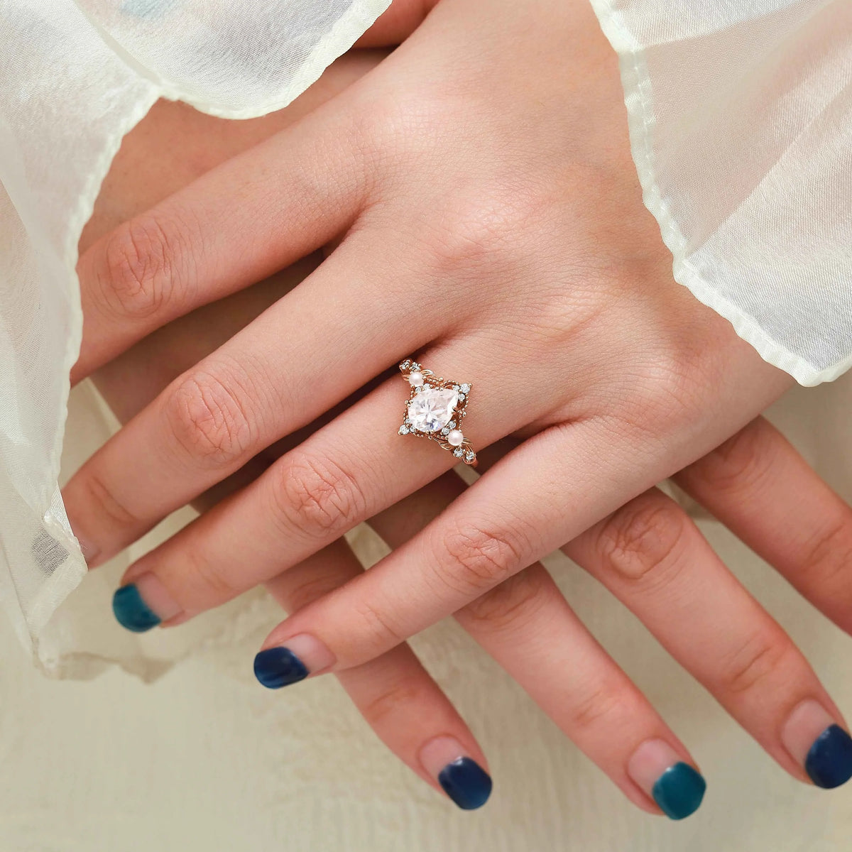 Nature Inspired Leaf Pear Cut Moissanite Engagement Ring With Pearl