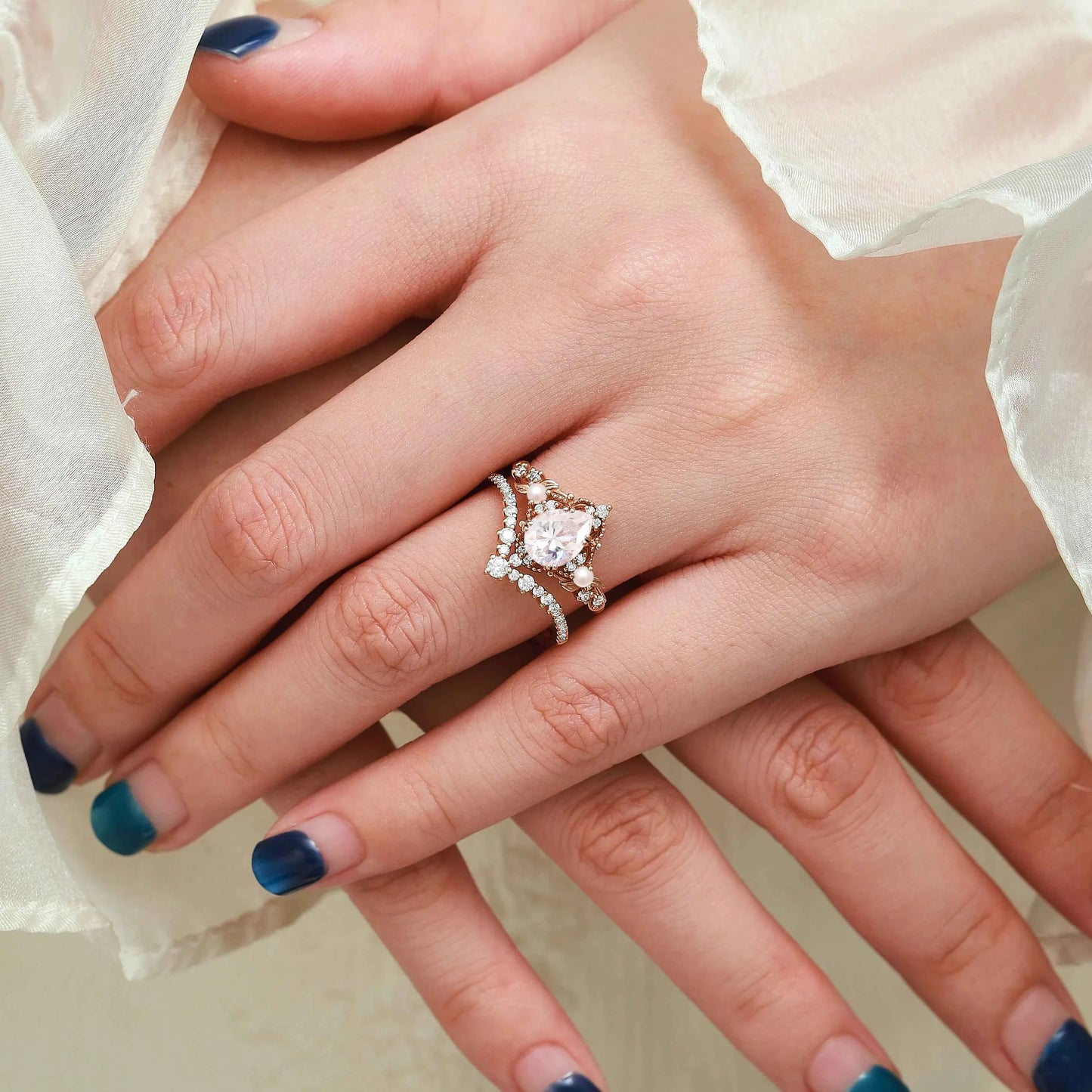 Nature Inspired Leaf Pear Cut Moissanite Engagement Ring With Pearl & Chevron Wedding Band Set Bridal Set