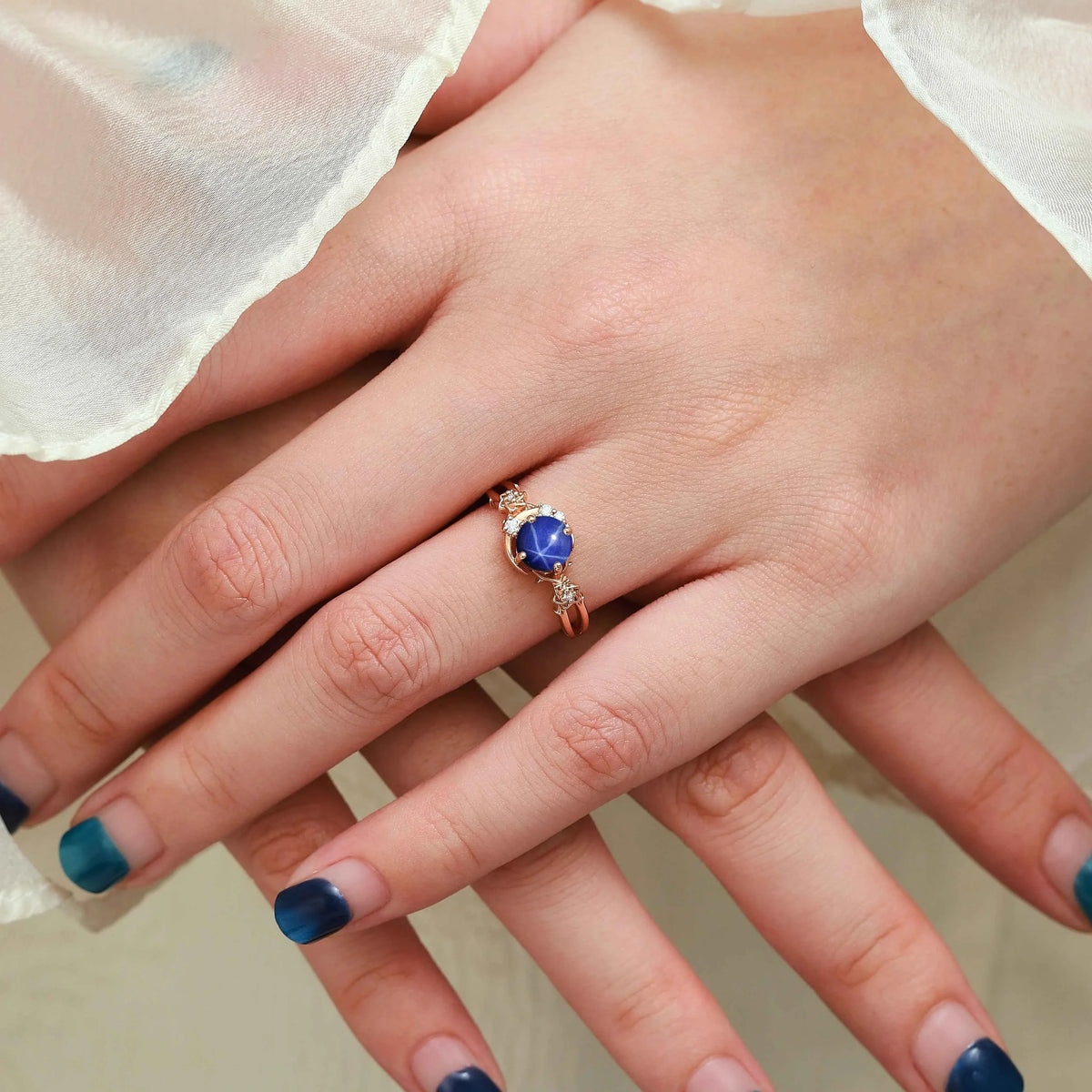 Moon & Floral Round Star Sapphire Engagement Ring - Seluna