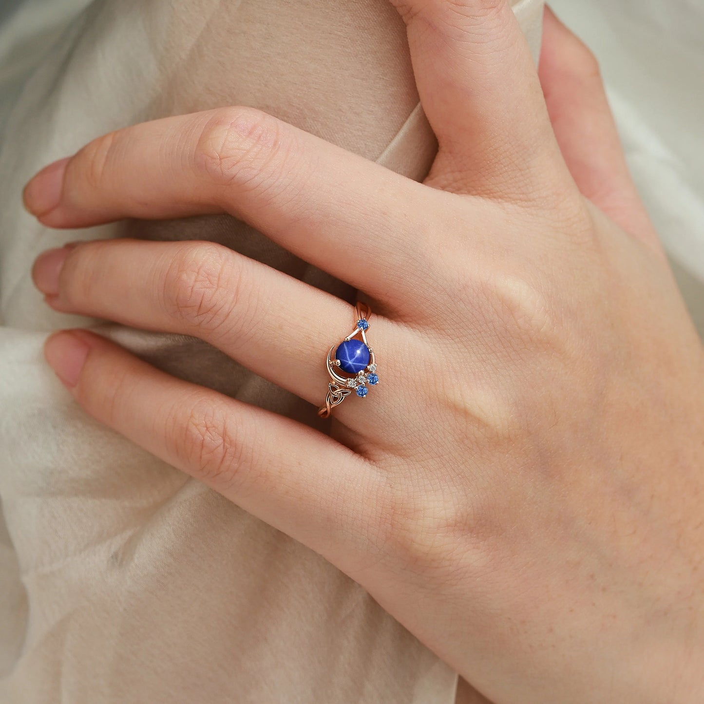 Celtic Knot Design Star Sapphire Moon Ring Engagement Ring