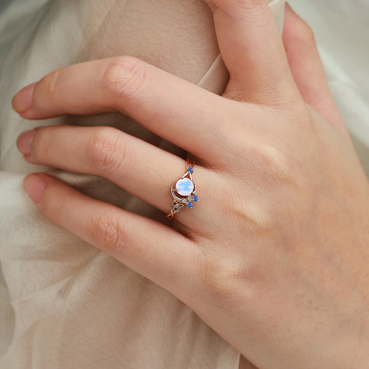 Celtic Knot Design Moonstone Round Cut Engagement Ring