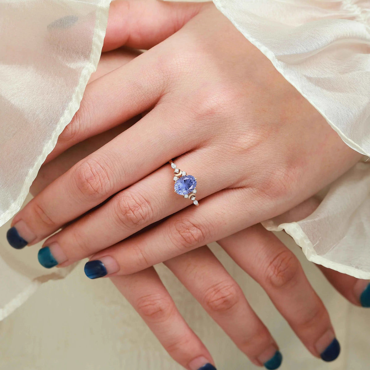 Moon Inspired Firework Cut Cornflower Sapphire Engagement Ring