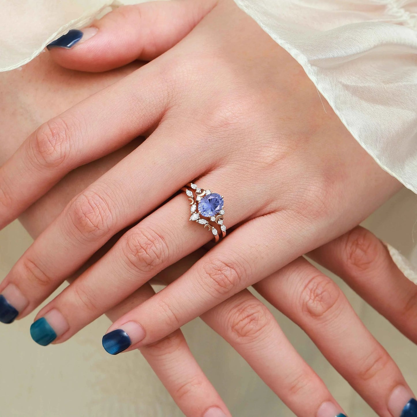 Moon Inspired Firework Cut Cornflower Sapphire Engagement Ring with V-Shaped Moissanite Wedding Band