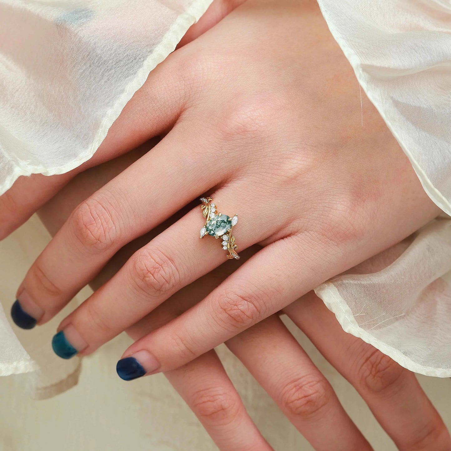 Nature-Inspired Leaf Oval Cut Moss Agate Engagement Ring - Thalina