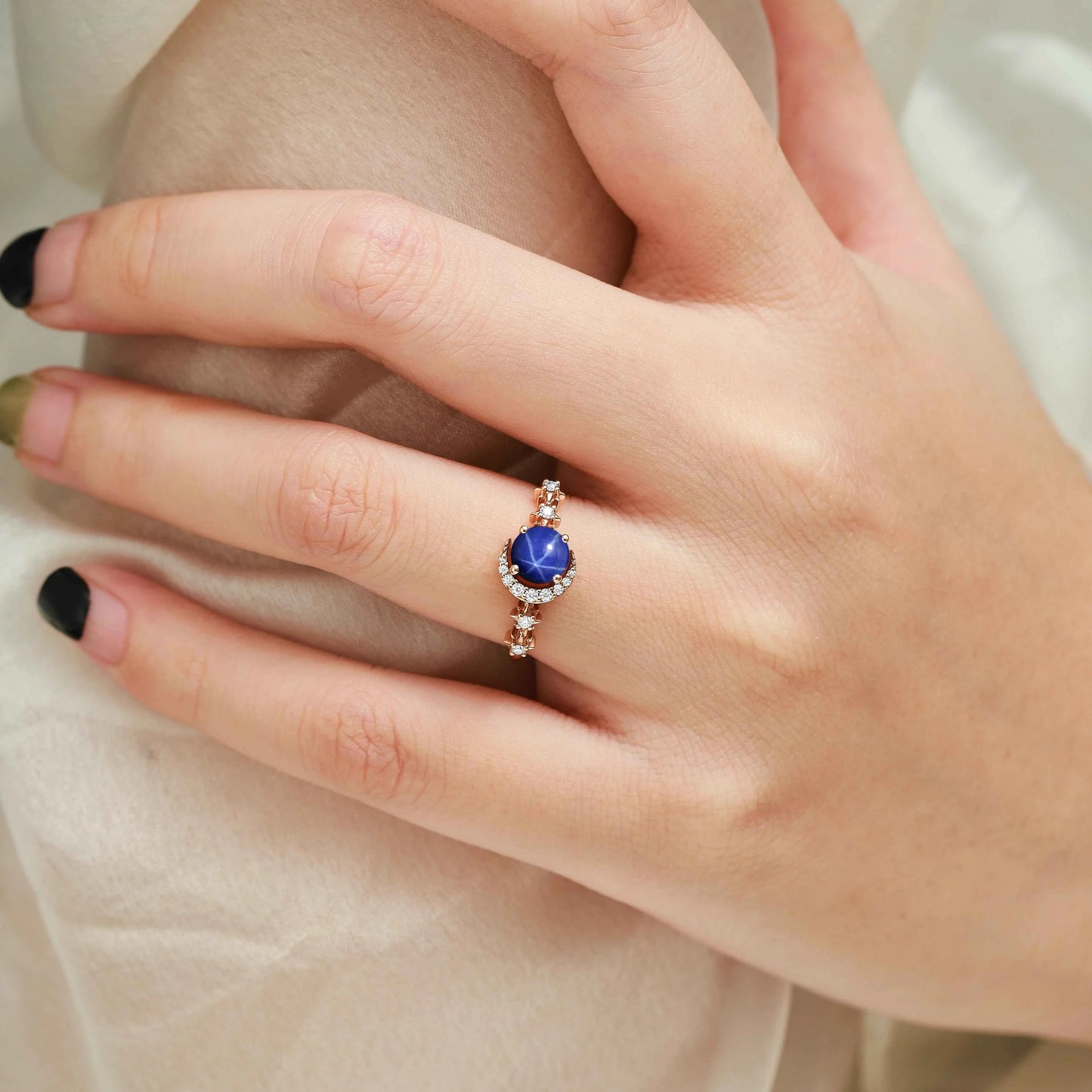 Star & Moon Inspired Custom Round Cut Lindy Star Sapphire Engagement Ring - Aurora