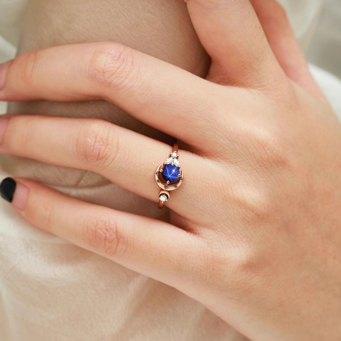 Star & Moon Inspired Engraved Lindy Star Sapphire Round Cut Engagement Ring - Celeste