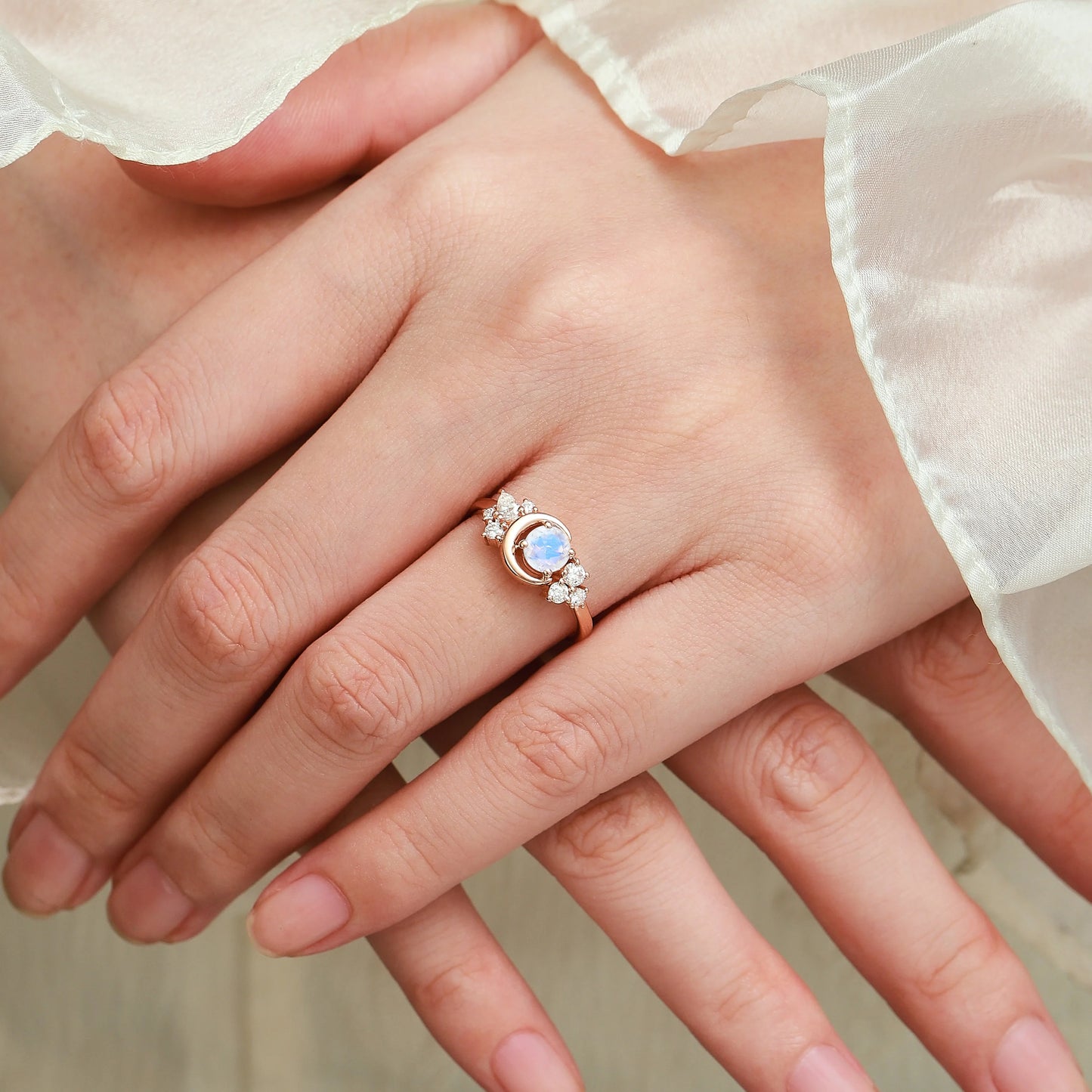 Moon Design Moonstone Round Cut Engagement Ring
