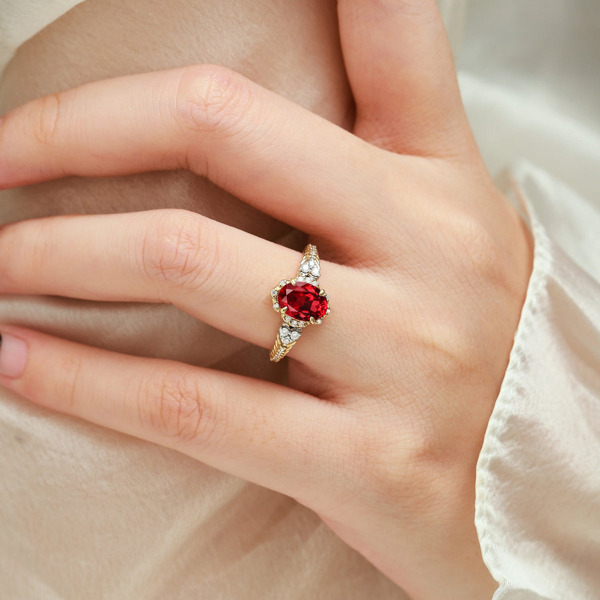 Vintage Two-Tone Oval Cut Ruby Engagement Ring - Beatrice
