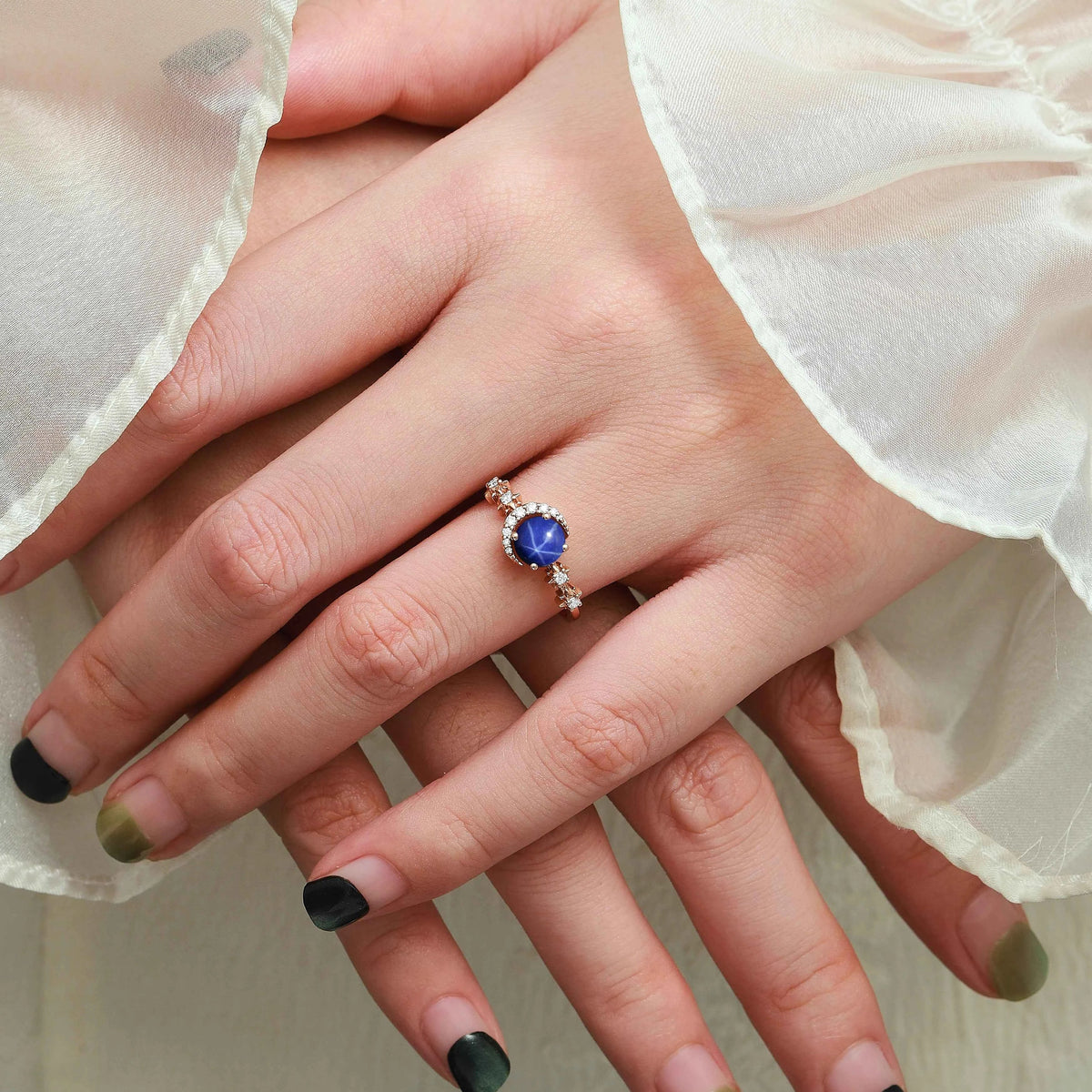 Star & Moon Inspired Custom Round Cut Lindy Star Sapphire Engagement Ring - Aurora
