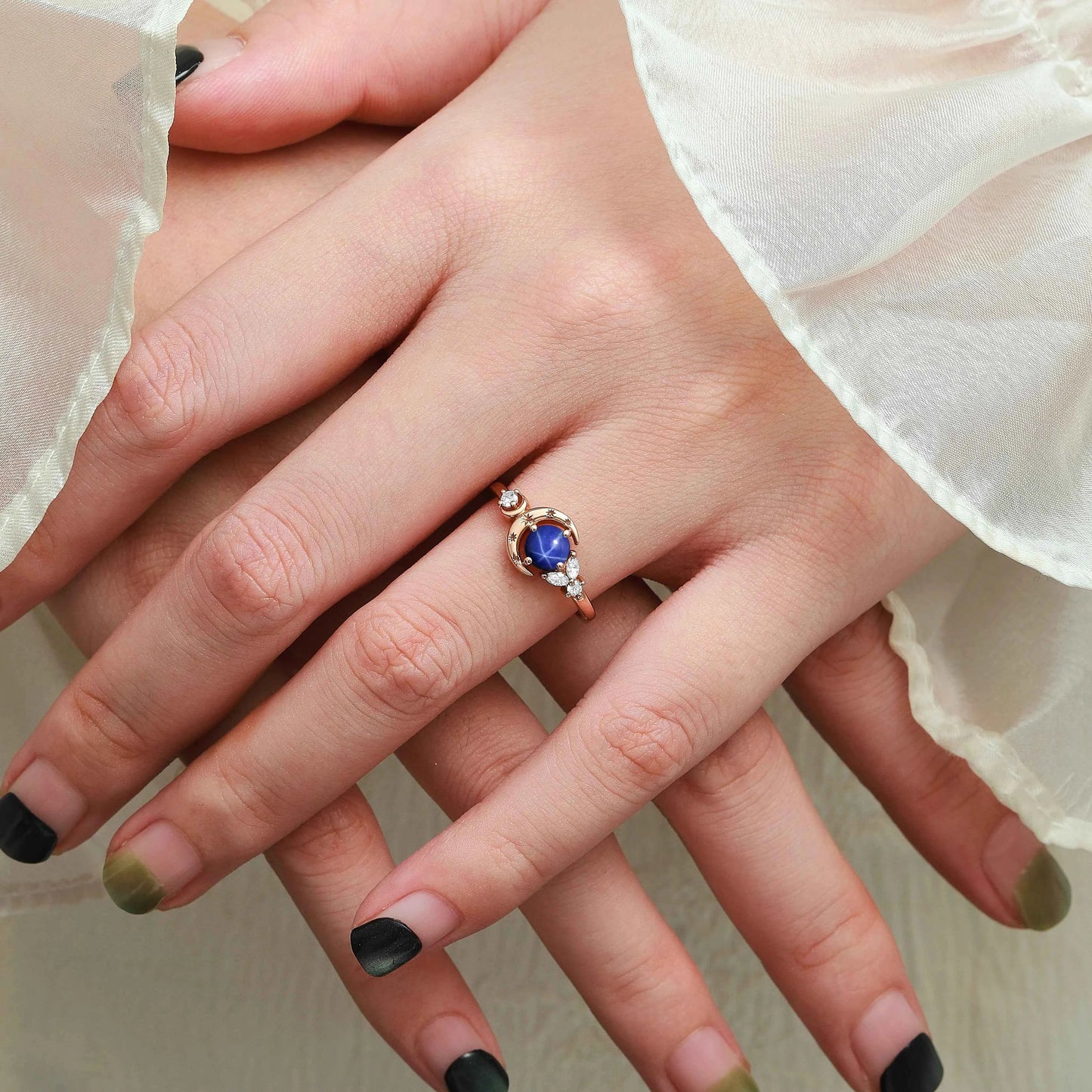Star & Moon Inspired Engraved Lindy Star Sapphire Round Cut Engagement Ring - Celeste