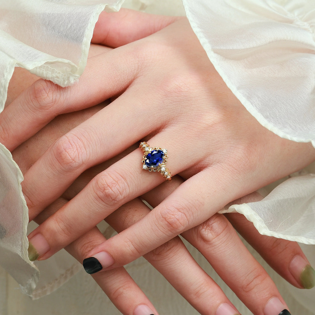 Vintage Leaf Oval Royal Blue Sapphire Engagement Ring - Isolde
