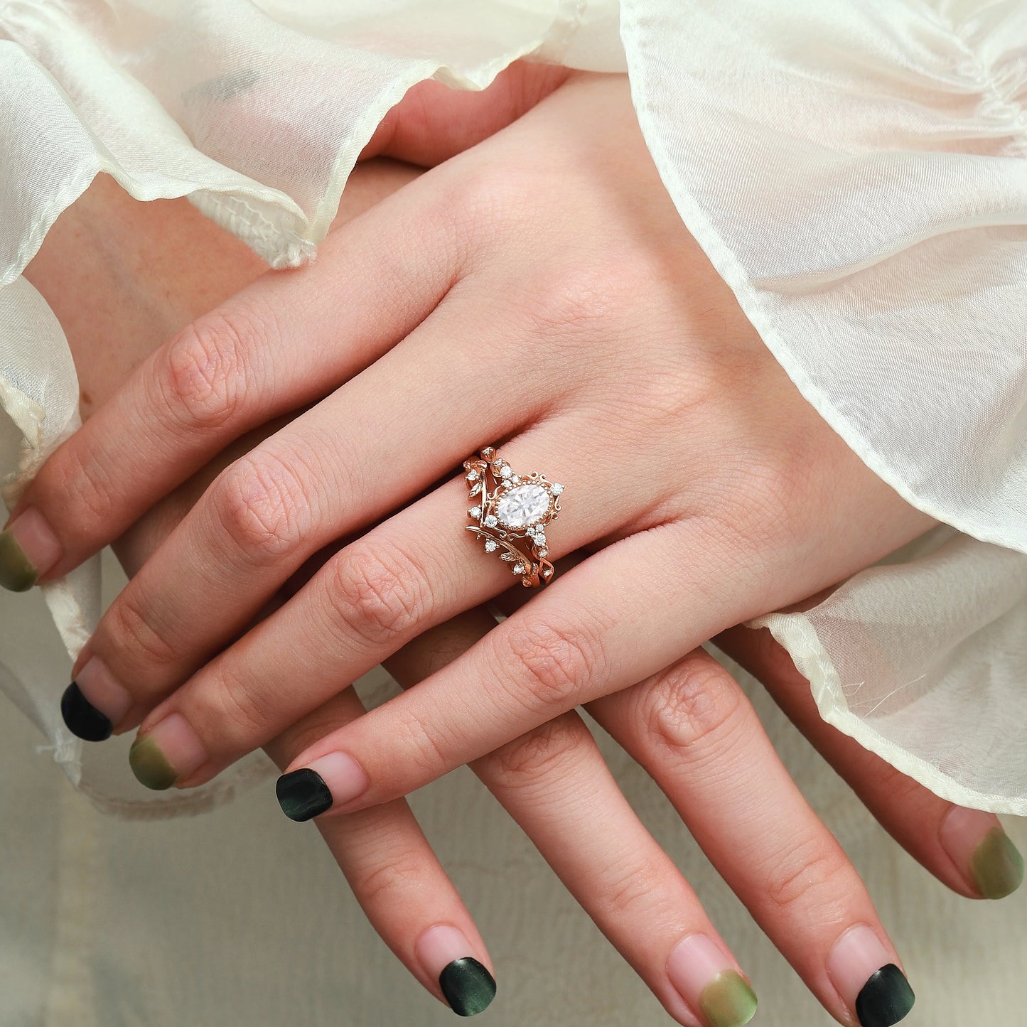 Signature Vintage Oval Shaped Moissanite Engagement Ring With Leaf Wedding Band